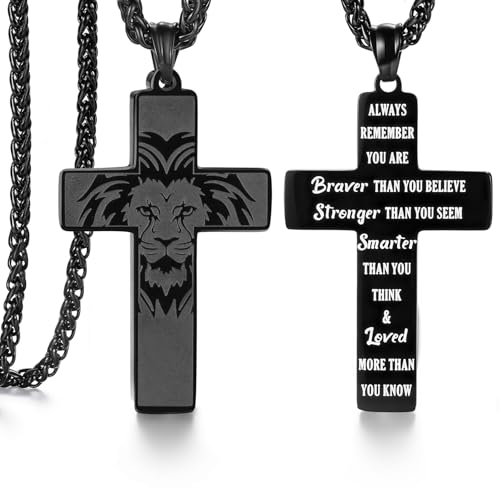 SAM & LORI Strength and Faith Gifts for Him-Masculine Cross Necklace-Bold Lion Head and Cross Design-Inspiring Message Engraved (18-24 inches) - style: 22"-24" Always remember you are braver than you believe