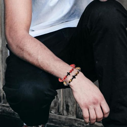 Mens Beaded Bracelets, 8MM Beaded Bracelets for Men, Natural Tiger Eye Bead Bracelet, Stretch Elastic Beads Bracelets for Men - color: Black dragon red yellow