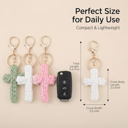 3 Pack Cross Keychains, Christian White Pink Green Colors Cross Key Chain