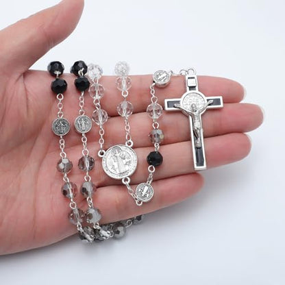 KOMI Crystal Rosary Beads with Jesus Crucifix, Catholic Necklace for Women First Communion Rosarios Wedding Rosary with Velvet Bag - style: 8MM-B