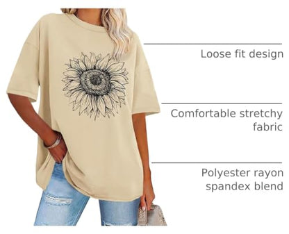 Womens Oversized Tshirt Graphic Tees Crew Neck Summer Short Sleeve Tops - color: A-sunflower Print Khaki, size: 3X-Large