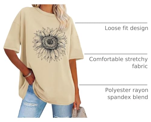 Womens Oversized Tshirt Graphic Tees Crew Neck Summer Short Sleeve Tops - color: A-sunflower Print Khaki, size: Medium