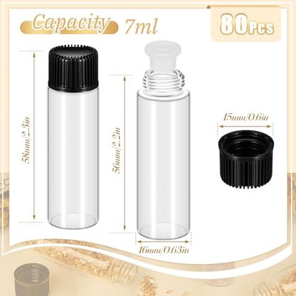 Lallisa 80 Pcs 7 ml Glass Vials with Screw Caps, Leakproof Small Glass Bottles Bulk, Mini Sample Vials with Plastic Stopper for Essential Oils, Sample, DIY Craft (Clear with Black Cap) - color: Clear with Black Cap, size: 7 ml