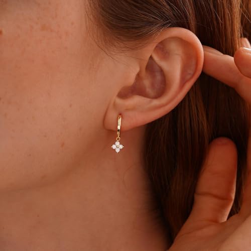 Dangle Earrings for Women, Dainty Huggie Hoop Dangle Earrings - color: Clover 01 Dangle Gold