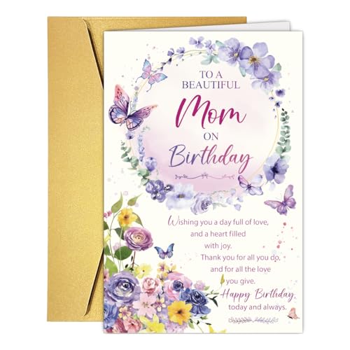 Romantic Birthday Card for Mom Stepmom, Happy Birthday To Mom Card Gift from Son Daughter, Floral Butterfly Mom Birthday Greeting Card for a Beautiful Mother - color: #6