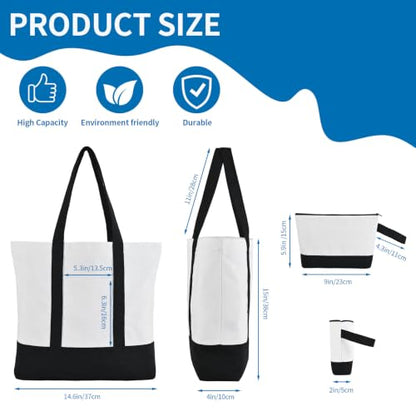 2-Pack Canvas Tote Bags and Makeup Bags, Cotton Zipper Bag, Black - color: Black/White