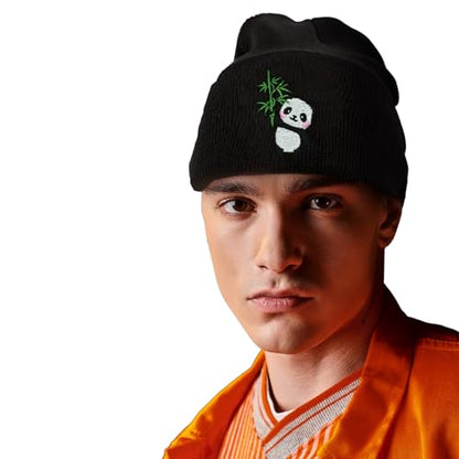 Cat Dad Beanie Hat Winter Cuffed Knit Hat Skull Watch Cap Embroidery Fisherman Beanies for Women Men Unisex - color: Panda