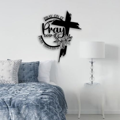 Cross "Pray Over It" Flower Metal Wall Decor - Christian Room Decor Inspirational Wall Art Home Decor for Living Room, Bedroom, Dining Room, Bathroom, Office (Black)