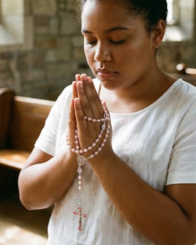 Catholic Rosary Necklace, Solid Glass Beads, Prayer Guide Included, Faith Gift for Women - color: Pink