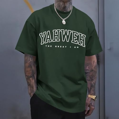 Christian Jesus Shirts for Men Religious God Yahweh Faith Shirt Bible Verse Vintage Oversized Graphic Tees Cotton Top - color: Army Green, size: 3X-Large