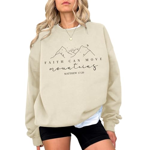 Pairxily Christian Sweatshirts for Women Faith Can Move Mountains Sweatshirt Bible Verse Religious Long Sleeve Crewneck Tops - color: Apricot, size: Small
