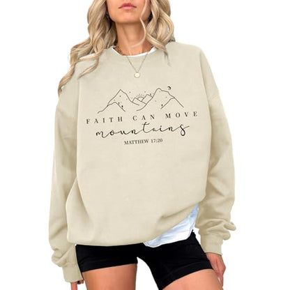 Pairxily Christian Sweatshirts for Women Faith Can Move Mountains Sweatshirt Bible Verse Religious Long Sleeve Crewneck Tops - color: Apricot, size: Small