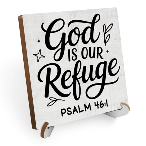 Inspirational Christian Desk Decor Wood Sign, Religious Gifts,Bible Scripture Desk Decorations Faith Based Gifts for Women Men Boss Day Coworker Office Work Bedroom Home Decor Wooden Plaque With Stand - color: Refuge 744