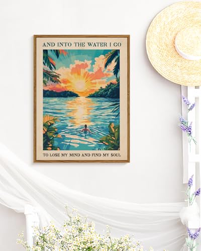 WHASAYART Inspirational Tropical Sunset Framed Wall Art, “And Into the Water I Go” “To Lose My Mind and Find My Soul” Quote Canvas Print, Coastal Ocean 12x16 Beach Sunrise Landscape Room Office Decor - color: Swim
