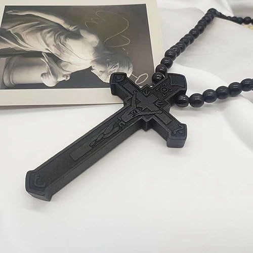 Wooden Cross Necklace For Men Beads Rosary Long Large Natural Wood Jesus Crucifix Cross Pendant Necklace 36inch Chain Religious Christian Prayer Faith Baptism Easter Handmade Jewelry - color: Black