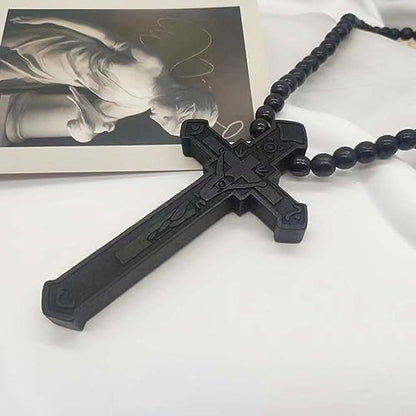Wooden Cross Necklace For Men Beads Rosary Long Large Natural Wood Jesus Crucifix Cross Pendant Necklace 36inch Chain Religious Christian Prayer Faith Baptism Easter Handmade Jewelry - color: Black