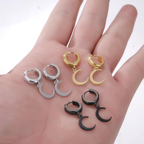 Men Women Stainless Steel Cross Earrings Set Dangle Hinged Earrings of Dangle Hinged Earrings Cross hoop Earrings - color: 3 Pairs Moon Earrings (Black+Silver+Gold)