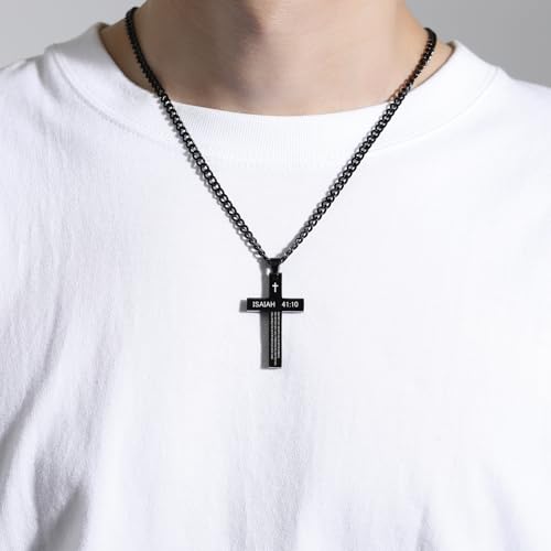 REVEMCN Black & Silver Bible Verse Cross Necklace for Men Boys 20-24" Chain - color: Isaiah 41:10 - Black