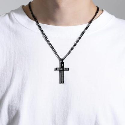 REVEMCN Black & Silver Bible Verse Cross Necklace for Men Boys 20-24" Chain - color: Isaiah 41:10 - Black