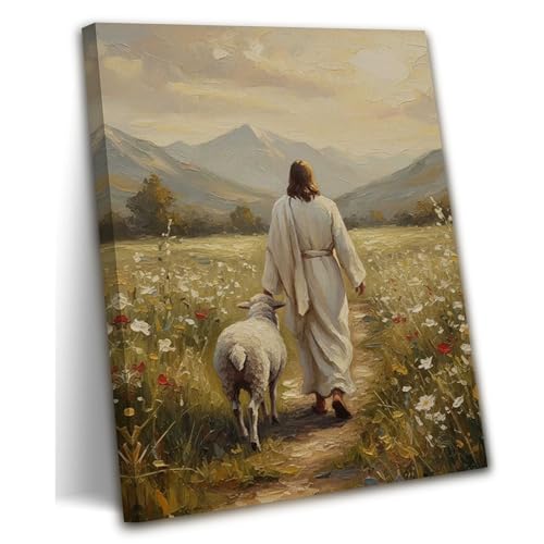 Jesus Leaves The 99 Sheep Canvas Wall Art Jesus and Lamb Posters Prints - size: 24"L x 16"W