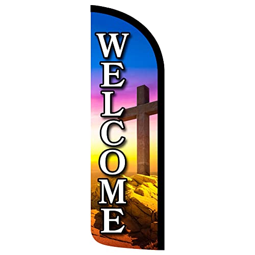 Welcome - Church Cross Premium Windless Polyknit Feather Flag (3 x 11.5 feet) - size: Flag Only