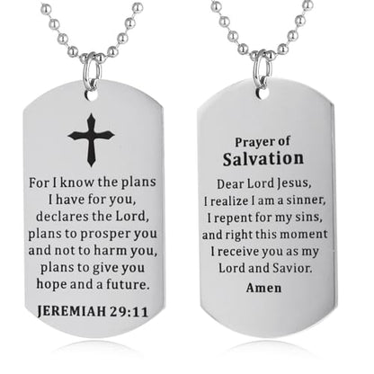 Christian Scripture Religious Dog Tag Necklace,Catholic Bible Verse Baptism Confirmation Sacrament Gifts - style: Prayer of Salvation+JEREMIAH 29:11