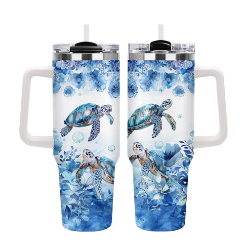 Sea Turtle Gifts for Women, 40oz Ocean Turtle Insulated Tumbler with Straw, Blue Floral Watercolor Marine Stainless Steel Travel Coffee Mug with Handle for Mom Grandma Bestie Birthday Anniversary - color: Sea Turtle-D-62