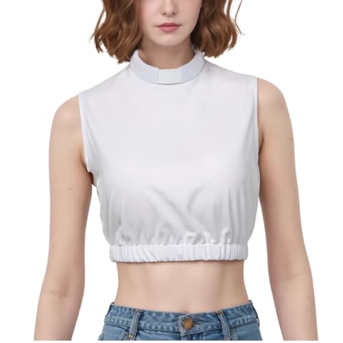 Women's Clergy Crop Top Sleeveless T-Shirt Tab Collar Clergy Priest Church Clergy Bib - color: White, size: Large