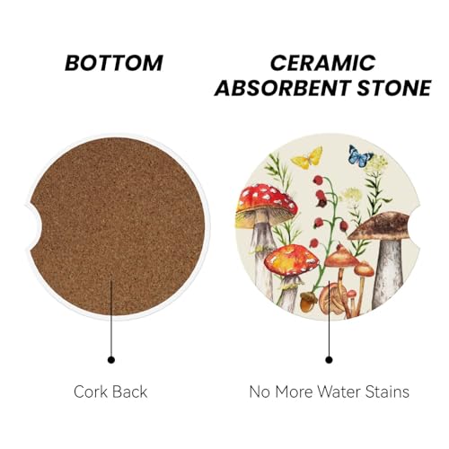 Mushroom Butterfly Car Coasters for Cup Holder Absorbent Ceramic Cup Coaster 2 Pack Anti Slip Car Interior Accessories with Finger Notch Cork Base for Women Men 2.56" - color: Mushroom Butterfly