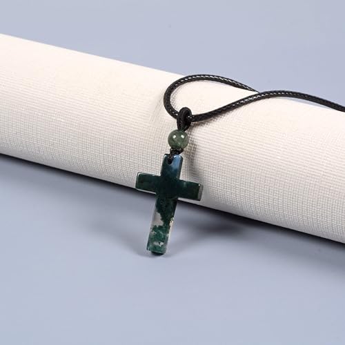 Justinstones Natural Gemstone Carved Cross Reiki Chakra Pendant Necklace 22 Inch - color: 30mm Moss Agate