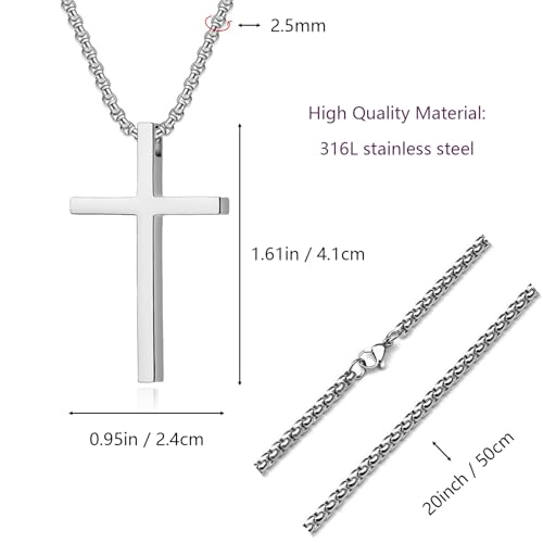 Tuefuzy Cross Necklace for Men, Silver Cross Stainless Steel Pendant Necklace, Mens Cross Chain - size: 20in