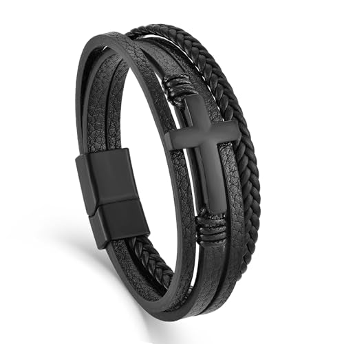 Mens Cuff Cross Bracelet Multi-Layer Braided Leather Cross Bracelet for Religious Bangle Wristband Faith Christian Jewelry for Men Teen - color: B.Black, size: 9.1in(23cm, Fits larger wrists)