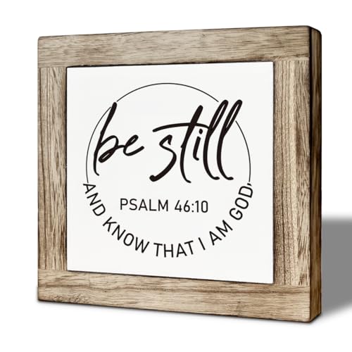 Christian Wooden Desk Decor Wooden Box Sign, Be Still, Farmhouse Bible Verse Psalm 46:10 Tabletop Sign, Inspirational Religious Faith Decor for Home Office 5.9x5.9 Inches - color: color15
