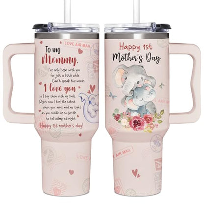First Mothers Day Gifts For New Mom, Daughter From Baby, Sister, Son - 1st Mothers Day Gifts From Husband - First Time Mother Presents - Elephant 40oz Tumbler With Handle for Woman - color: 1st Mothers Day