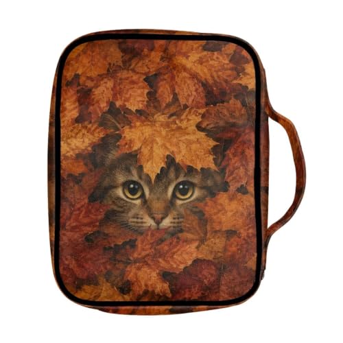 Suobstales Cat Maple Leaves Pattern Bible Cover Carrying Book Case for Women Men Thanksgiving Lightweight Bible Bag Bible Protective with Handle and Zippered Pocket - color: Cat Maple Leaves