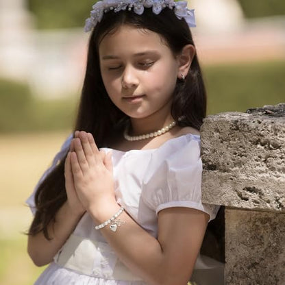 Eaciy First Communion Gifts for Girls - 14K Whited Gold Plated Cross Heart Bracelet First Baptism Communion Communion Bracelet Gifts for Teen Girls - color: Confirmation