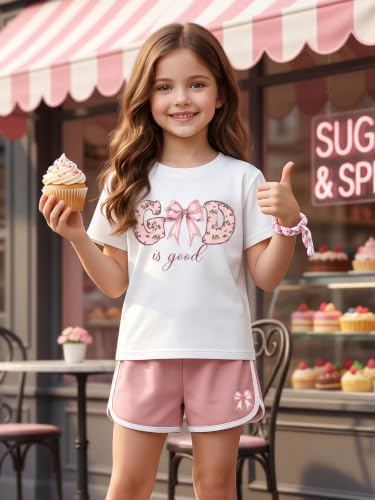 Eatbook Christian Girls Clothes 2 Pcs God is Good T-Shirt Bow Shorts Set - color: White, size: 7-8 Years
