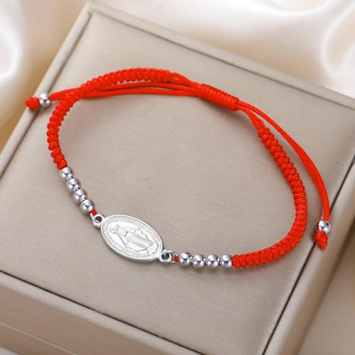 VASSAGO Virgin Mary Bracelet for Women Men Double-Sided Virgen de Guadalupe Rosary Bracelet Medal Handmade Braided Rope Catholic Christian Religious Jewelry Gift - color: silver-red string