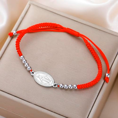 VASSAGO Virgin Mary Bracelet for Women Men Double-Sided Virgen de Guadalupe Rosary Bracelet Medal Handmade Braided Rope Catholic Christian Religious Jewelry Gift - color: silver-red string
