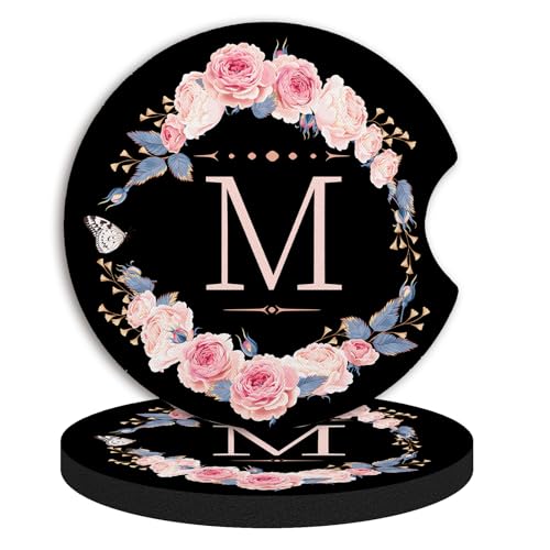 2pcs Letter M Car Coasters,Absorbent Universal neoprener Cup Holder Coasters with a Finger Notch,Car Accessories for Women&Man Interior，2.75" - color: M