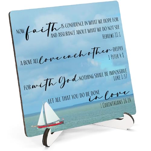 Blue Ocean Sailboat Christian Wooden Sign Desk Decor, Coastal Beach Bible Verses Wood Plaque Sign With Stand for Beach Lake House Home Office Desk Table Shelf Decoration, 5x5 Inch - color: Sailboat Christian, size: 5x5x1.1 in