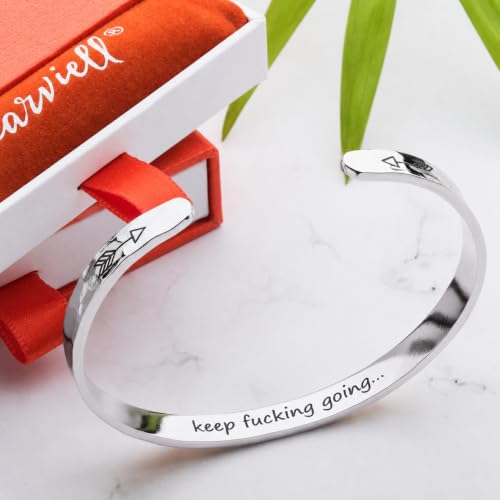 Carviell Bracelets for Women – 100+ Meaningful Engraved Messages – Solid 316L Surgical Stainless Steel Cuff Bracelet – Gift Ready - color: BADASS GIFT - Keep f##king going