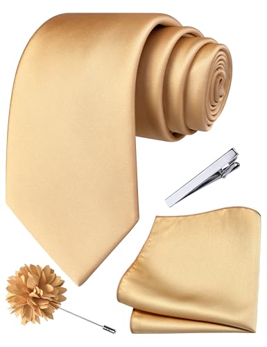 Branduce 3.15"（8cm） Mens Tie and Lapel Pin Solid Necktie Handkerchief Tie Clip Set for Men - color: Champagne Gold