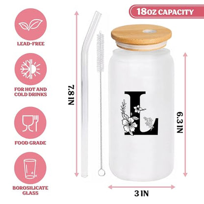 Monogrammed Initial Glass Cup Personalized Gifts for Women 16oz Initial Letter Glass Cups w/Lids Straws Birthday Valentine Mothers Day Gift for Her, L - color: Letter Cup-L