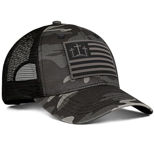 Christian Jesus Cross Hat - Faith Hats for Men Women - Religious Gifts for Thanksgiving Christmas - color: Faith Flag/Camo Grey