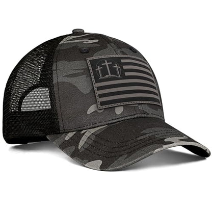 Christian Jesus Cross Hat - Faith Hats for Men Women - Religious Gifts for Thanksgiving Christmas - color: Faith Flag/Camo Grey