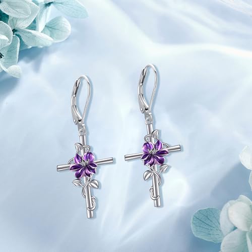 Flower Cross Earrings 925 Sterling Silver Daisy Butterfly Lily Violet Mushroom Dangle Drop Earrings Birth Flower Jewelry for Women Birthday Christmas Gifts - style: Violet Cross