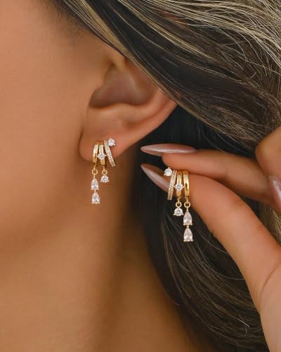 Dangle Gold Earrings for Women Trendy Triple Huggie Chain Earrings - color: Gold 4
