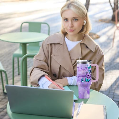 Butterfly 40oz Tumbler with Handle and Straw Lid Stainless Steel Insulated Coffee Travel Mug Cup Keeps Drinks Cold & Hot, Mothers Day Christian Birthday Gifts for Butterfly Women - color: Christian/Butterfly
