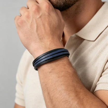Kim Carrey Italian Handmade Leather Bracelets for Men - color: Black Blue, size: 8.2"